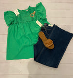 RUFFLE BIB TOP WITH RUFFLE SLEEVE DETAIL