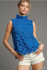 Azure Floral Lace Sleeveless Top with Back Bow Tie