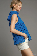 Azure Floral Lace Sleeveless Top with Back Bow Tie