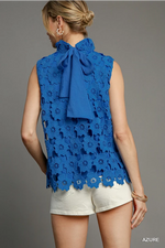 Azure Floral Lace Sleeveless Top with Back Bow Tie