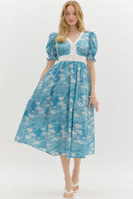 Floral Print Midi with Puff Shoulder and Smocked Waist