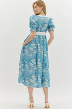 Floral Print Midi with Puff Shoulder and Smocked Waist