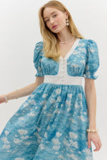 Floral Print Midi with Puff Shoulder and Smocked Waist