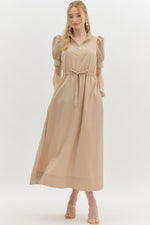 Light Taupe Puff Sleeve Pullover Midi Dress with Gold Zipper Detail