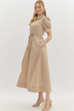 Light Taupe Puff Sleeve Pullover Midi Dress with Gold Zipper Detail