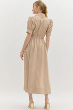 Light Taupe Puff Sleeve Pullover Midi Dress with Gold Zipper Detail