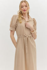 Light Taupe Puff Sleeve Pullover Midi Dress with Gold Zipper Detail