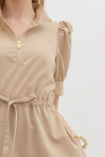 Light Taupe Puff Sleeve Pullover Midi Dress with Gold Zipper Detail