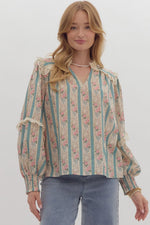 Vintage Stripe and Floral Pattern 3/4 Sleeve Top with Crochet Lace Trim