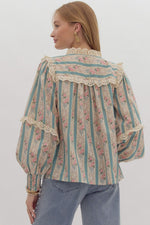 Vintage Stripe and Floral Pattern 3/4 Sleeve Top with Crochet Lace Trim