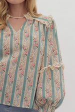 Vintage Stripe and Floral Pattern 3/4 Sleeve Top with Crochet Lace Trim