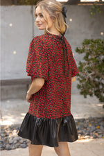 Floral Puff Sleeve Faux Leather Trim Dress