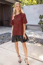 Floral Puff Sleeve Faux Leather Trim Dress