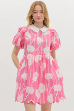 Bright Bubblegum Pink Floral Print Baby Doll Short Bubble Sleeve Mini Dress featuring Scallop Edge andPockets at sides.