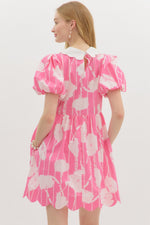 Bright Bubblegum Pink Floral Print Baby Doll Short Bubble Sleeve Mini Dress featuring Scallop Edge andPockets at sides.