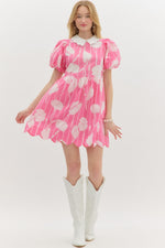 Bright Bubblegum Pink Floral Print Baby Doll Short Bubble Sleeve Mini Dress featuring Scallop Edge andPockets at sides.