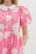 Bright Bubblegum Pink Floral Print Baby Doll Short Bubble Sleeve Mini Dress featuring Scallop Edge andPockets at sides.