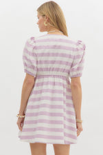 Lavender Stripe pattern short puff sleeve pleated pullover mini dress. Elasticated back waist. Pockets at side.