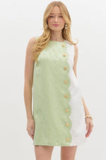 JACQUARD SCALLOP MINI DRESS WITH GOLD BUTTON DETAIL