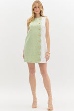 JACQUARD SCALLOP MINI DRESS WITH GOLD BUTTON DETAIL