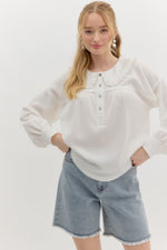 Waffle Knit Ruffle Peter Pan Collar Long Sleeve Top