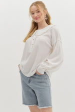 Waffle Knit Ruffle Peter Pan Collar Long Sleeve Top