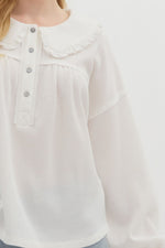 Waffle Knit Ruffle Peter Pan Collar Long Sleeve Top