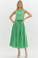 Stripe pattern sleeveless top featuring accented wooden button back closure and Stripe pattern high waist pleated midi skirt -SET