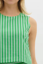 Stripe pattern sleeveless top featuring accented wooden button back closure and Stripe pattern high waist pleated midi skirt -SET