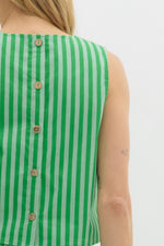 Stripe pattern sleeveless top featuring accented wooden button back closure and Stripe pattern high waist pleated midi skirt -SET