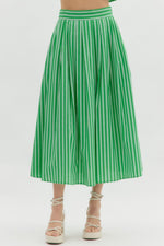 Stripe pattern sleeveless top featuring accented wooden button back closure and Stripe pattern high waist pleated midi skirt -SET