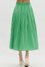 Stripe pattern sleeveless top featuring accented wooden button back closure and Stripe pattern high waist pleated midi skirt -SET