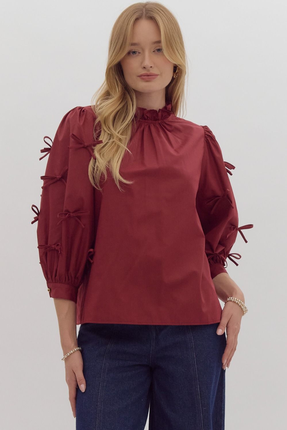 POPLIN TOP WITH SLEEVE BOW DETAIL