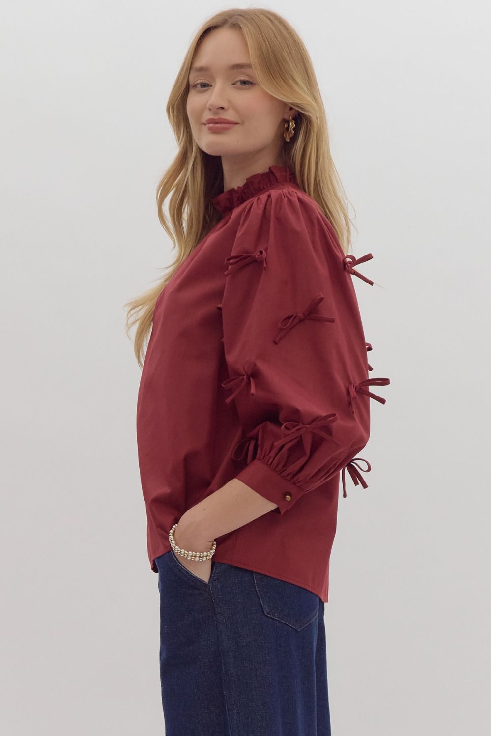 POPLIN TOP WITH SLEEVE BOW DETAIL