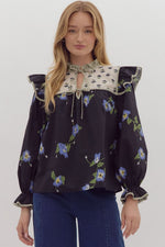Multi Print Blouse with Ruffle Detail at Neck, Shoulder and Cuffs