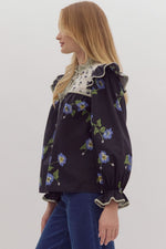 Multi Print Blouse with Ruffle Detail at Neck, Shoulder and Cuffs