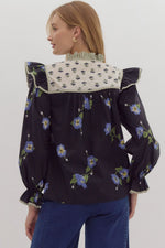 Multi Print Blouse with Ruffle Detail at Neck, Shoulder and Cuffs