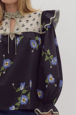 Multi Print Blouse with Ruffle Detail at Neck, Shoulder and Cuffs