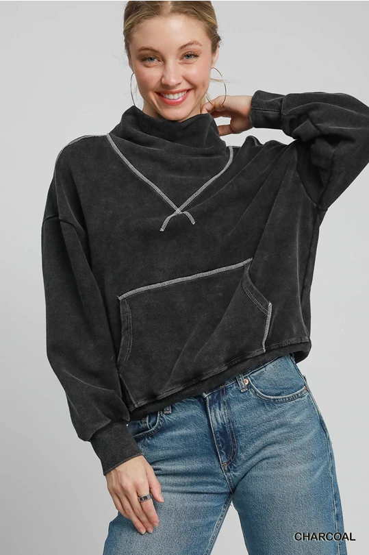 Charcoal Mock Neck Pullover with White Stitching