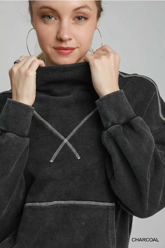 Charcoal Mock Neck Pullover with White Stitching