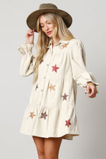 STAR SEQUIN CORDUROY BUTTON DOWN SHIRT DRESS