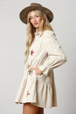 STAR SEQUIN CORDUROY BUTTON DOWN SHIRT DRESS