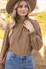 Smocked High Neck Knit Long Sleeve Top