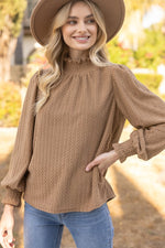 Smocked High Neck Knit Long Sleeve Top