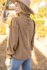 Smocked High Neck Knit Long Sleeve Top