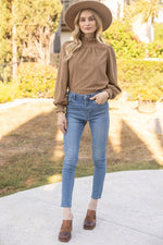 Smocked High Neck Knit Long Sleeve Top