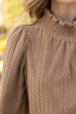 Smocked High Neck Knit Long Sleeve Top