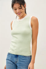 Highneck Pinstripe Sweater Knit Tank - Sage