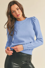 Classic Crew Neckline Puff Shoulder Knit Pullover - Lilac Blue