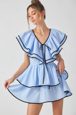 PIN STRIPE DOUBLE RUFFLE MINI DRESS